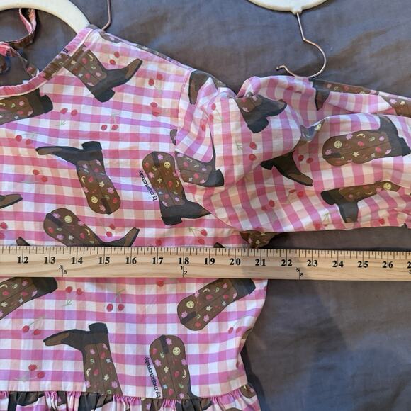 Megan Crosby Babydoll Dress Pink Gingham Cowboy Boots Print Size Large - Picture 5 of 12